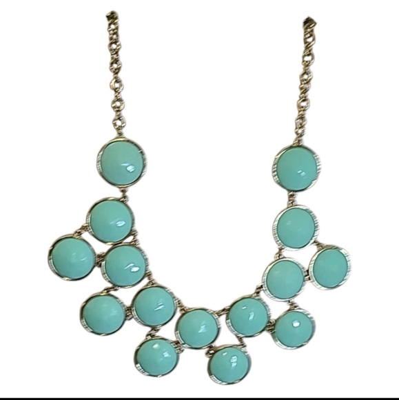 Gold Tone Turquoise Blue Acrylic Cabochon Bib Statement Necklace 17"-20" - Picture 2 of 7